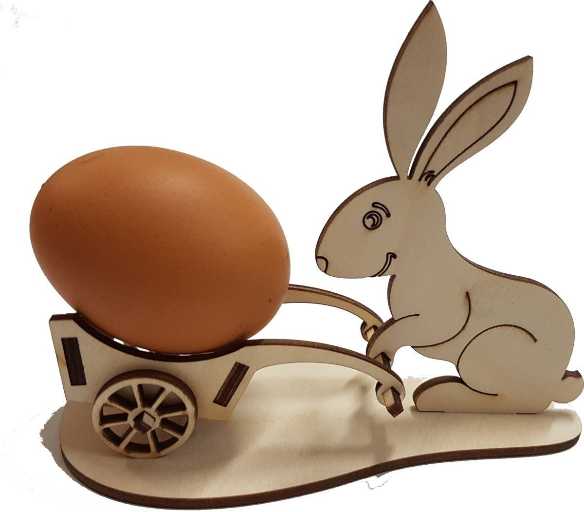 Set van 4 houten eierdopjes, haasje met kruiwagen, Pasen