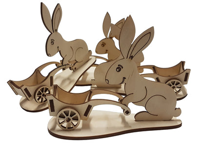 Set van 4 houten eierdopjes, haasje met kruiwagen, Pasen