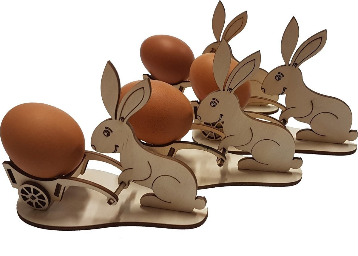 Set van 4 houten eierdopjes, haasje met kruiwagen, Pasen
