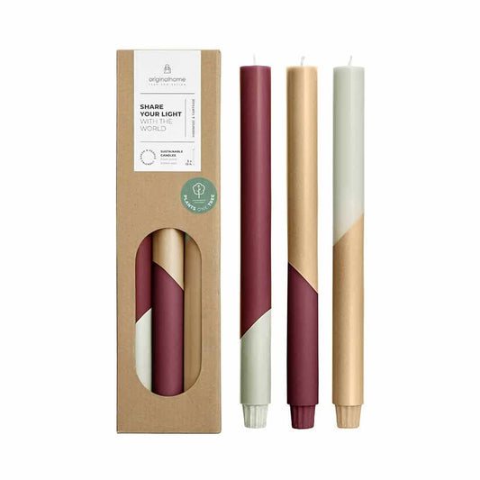 Diagonal Dinner Candles  2.2 x 30 cm- Set of 3  Burgundy Cream