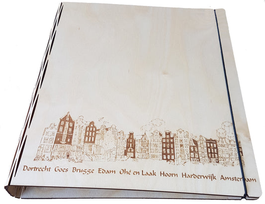 Houten A4 map van Era Wood, 4-ringsmechaniek met gravure: Oud Hollandse huisjes Store/Mappen en klappers/A4 mappen